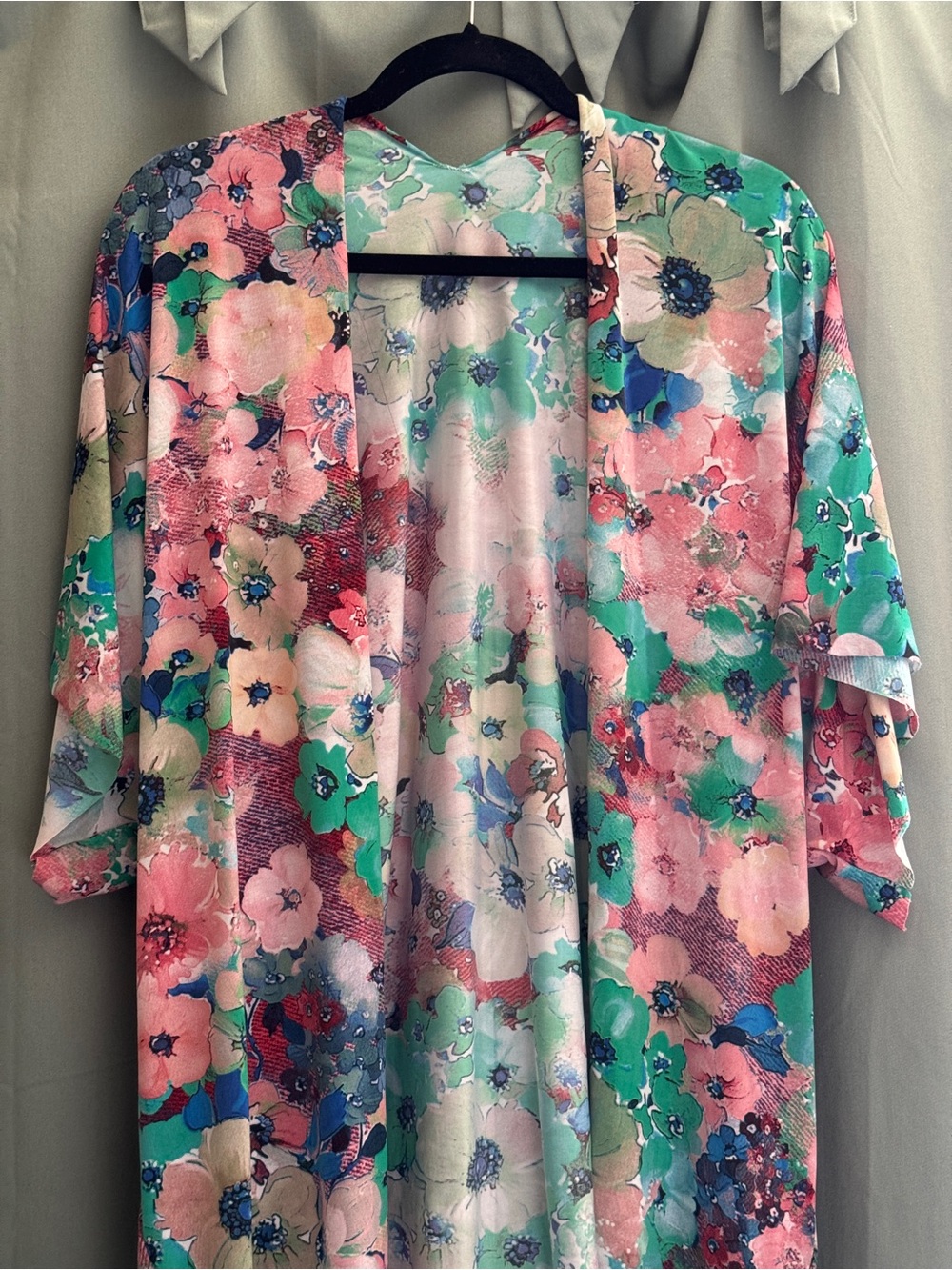 Floral Satin Kimono-Style Cover in Pink & Green